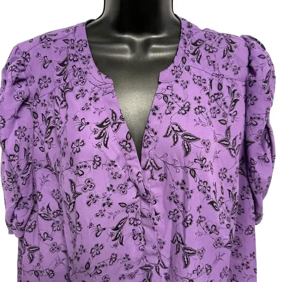 Torrid Harper Georgette Ruched Short Sleeve Blouse Purple Floral Size 2 - Picture 3 of 8
